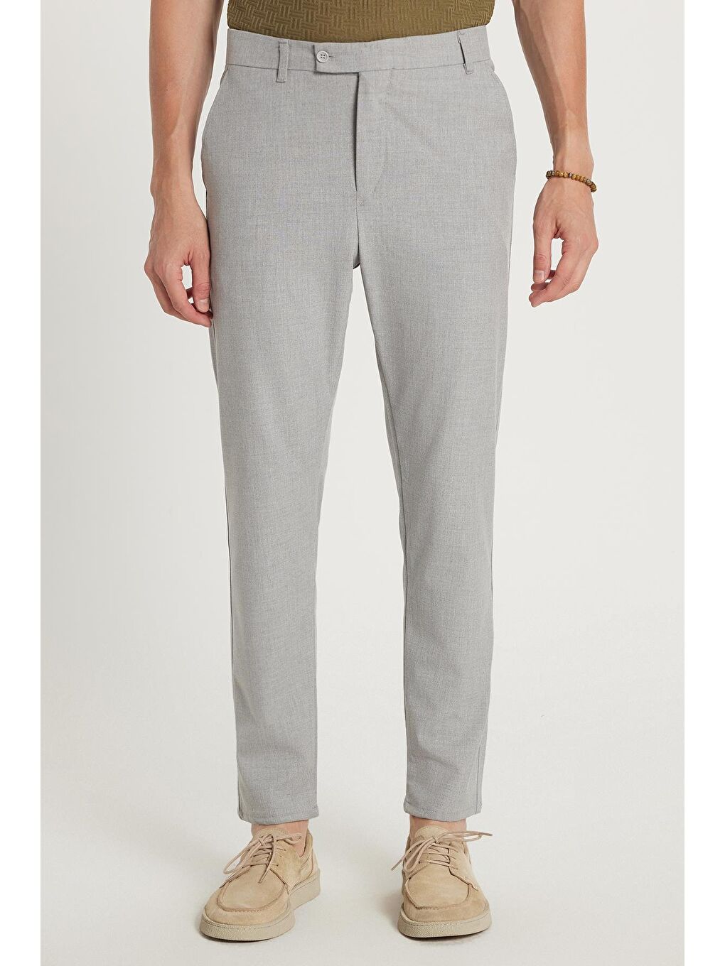 Erkek Slim Fit Dar Kesim Chino Yandan Cepli Pamuklu Gri Pantolon