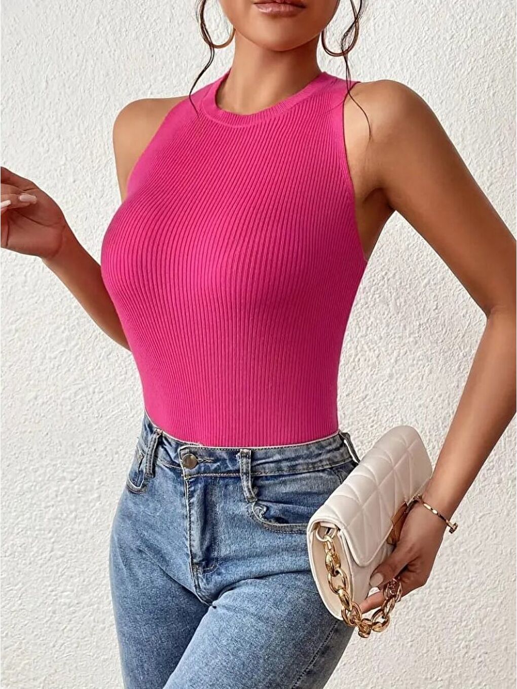 Pembe Kadın Sıfır Kol Sırt çapraz Detay Triko Bluz