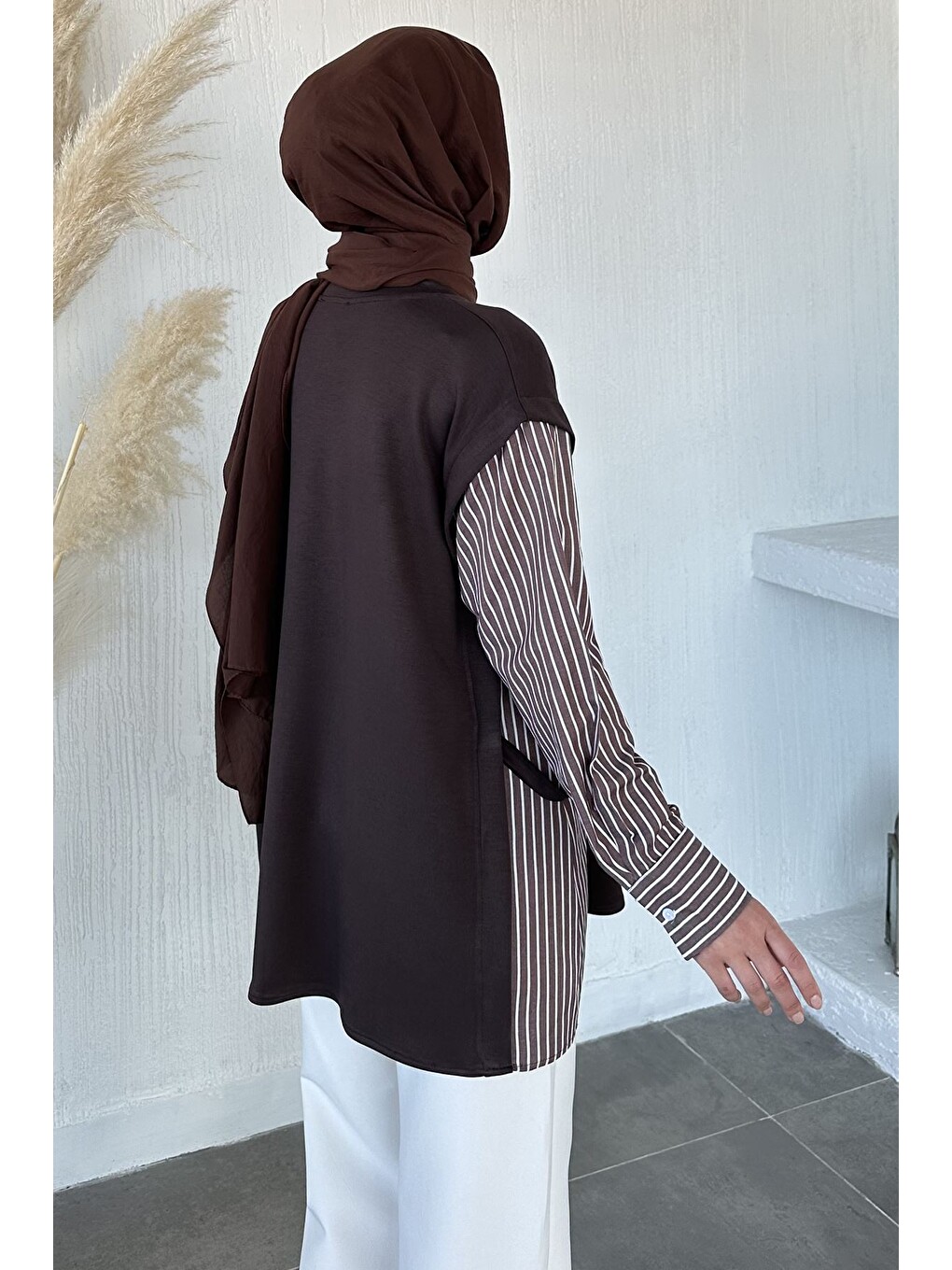 Kahverengi Bisiklet Yaka Garnili Tesettür Tunik-7
