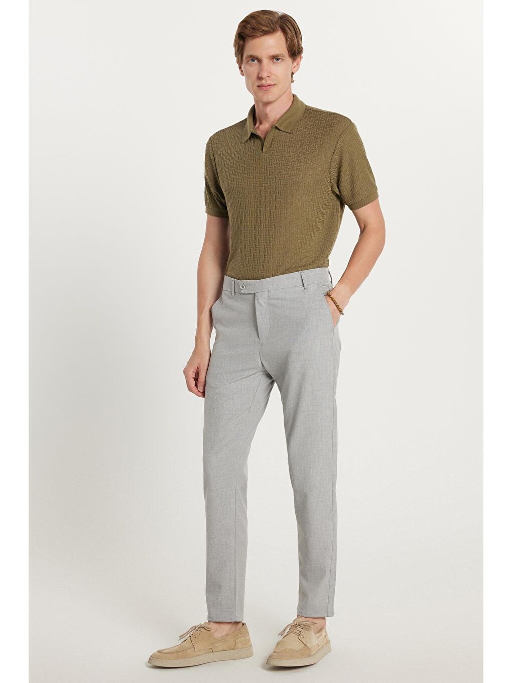 Erkek Slim Fit Dar Kesim Chino Yandan Cepli Pamuklu Gri Pantolon-2