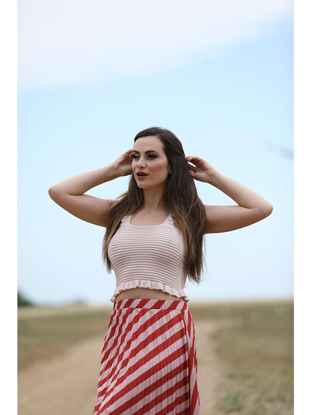 Pembe Triko Fırfırlı Crop Top Swa2096Pe-4