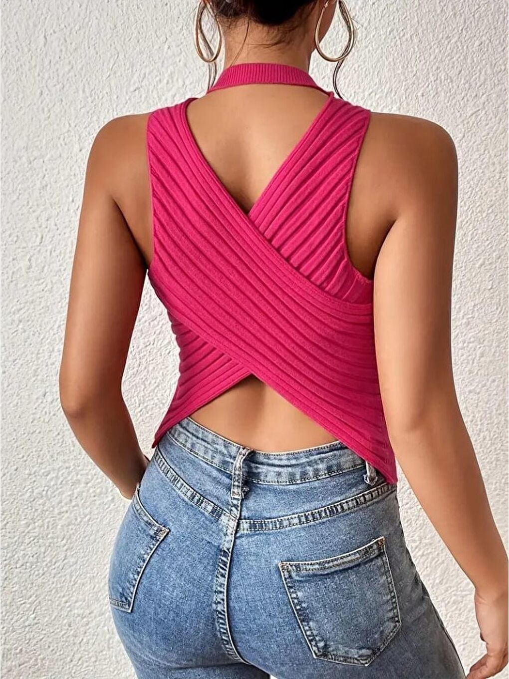 Pembe Kadın Sıfır Kol Sırt çapraz Detay Triko Bluz-1