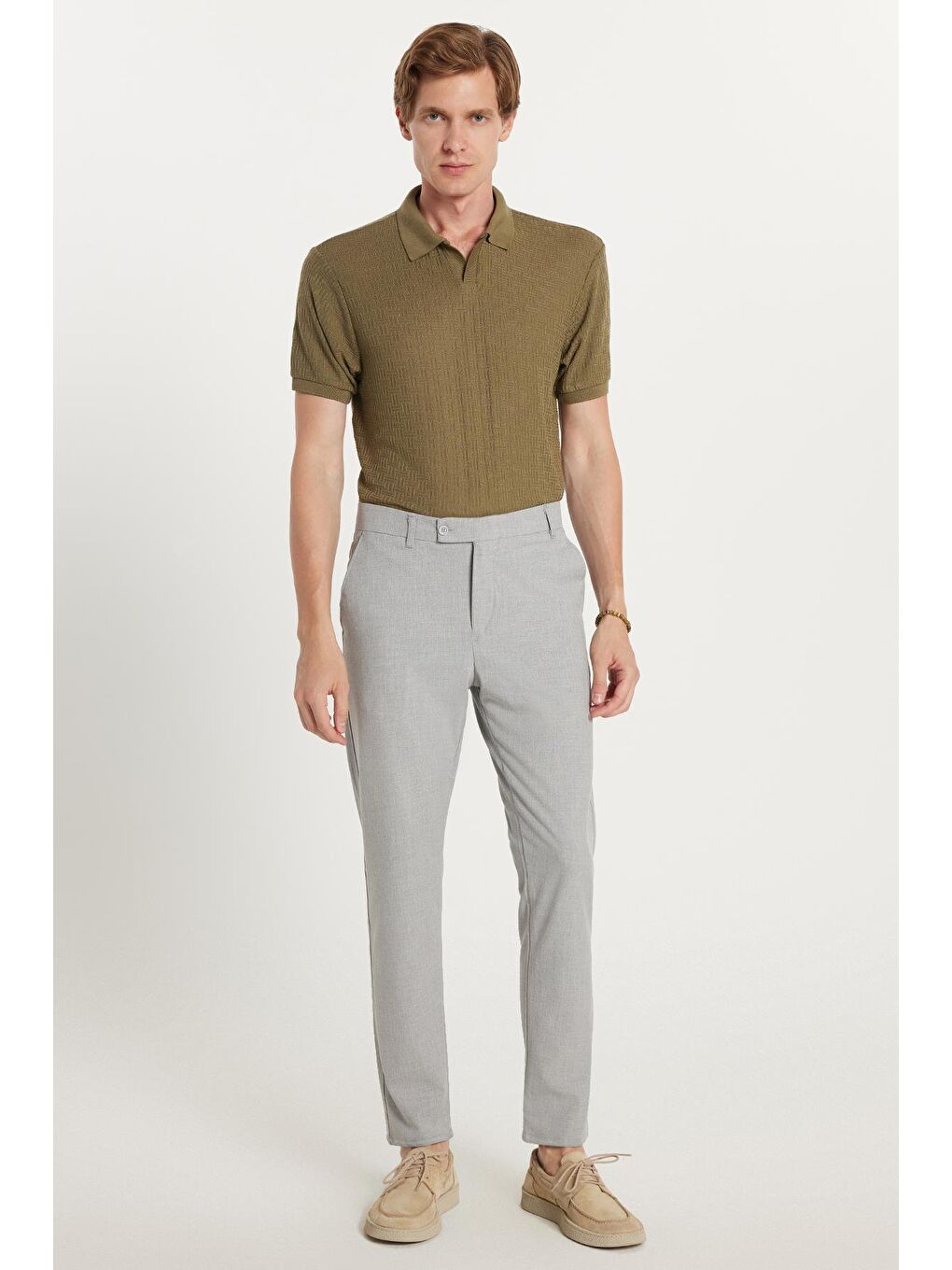 Erkek Slim Fit Dar Kesim Chino Yandan Cepli Pamuklu Gri Pantolon-3