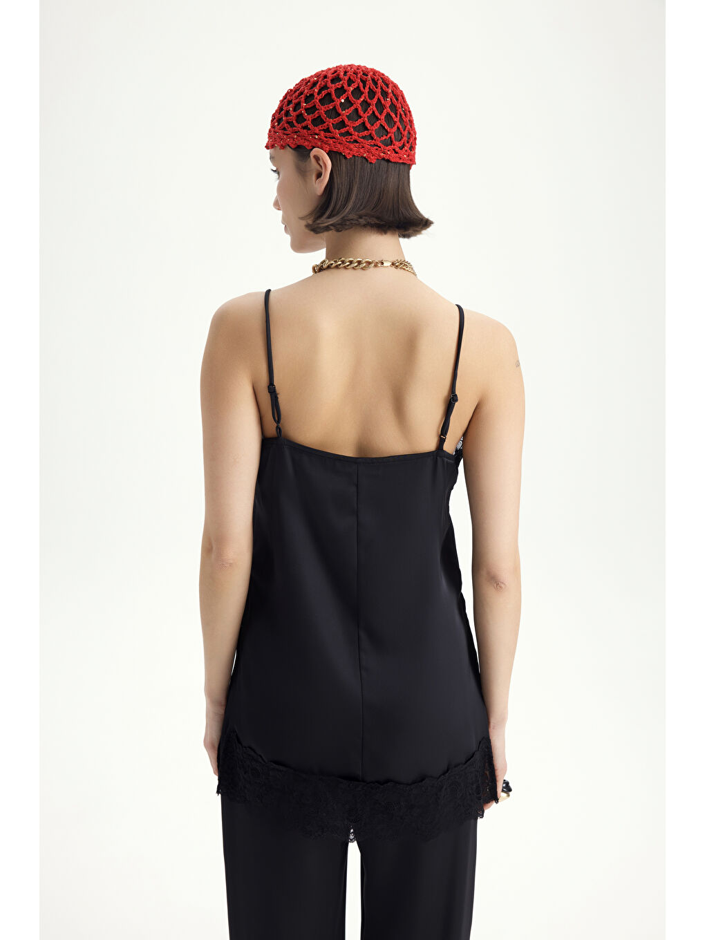 Maris Dantel Detay Siyah Saten Pantolon Takım-4