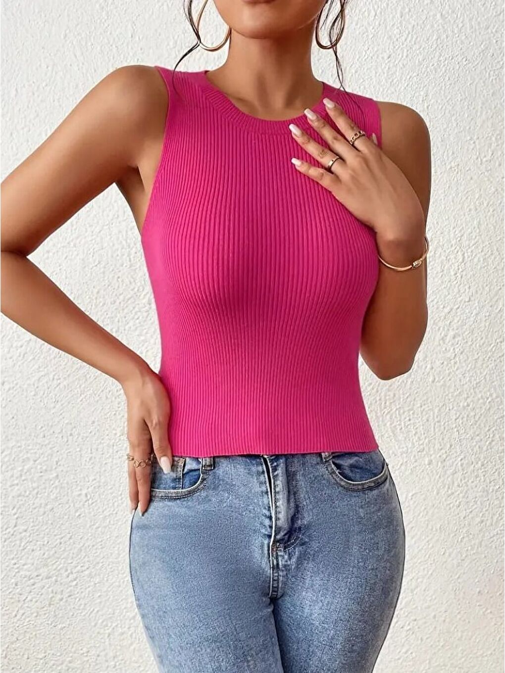Pembe Kadın Sıfır Kol Sırt çapraz Detay Triko Bluz-4