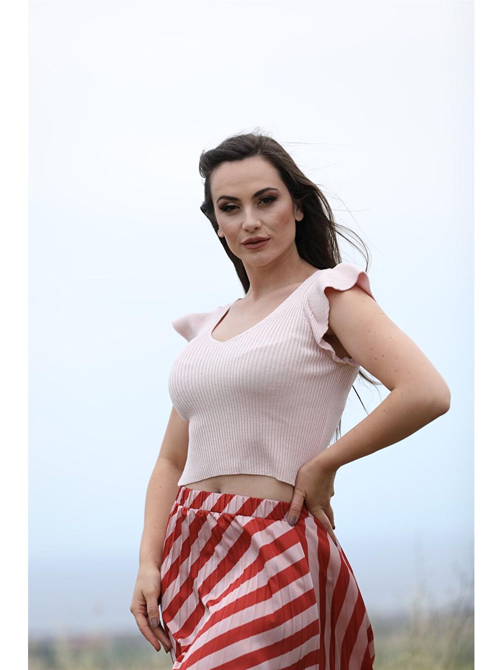 Pembe Triko Fırfırlı Crop Top Swa2096Pe-5