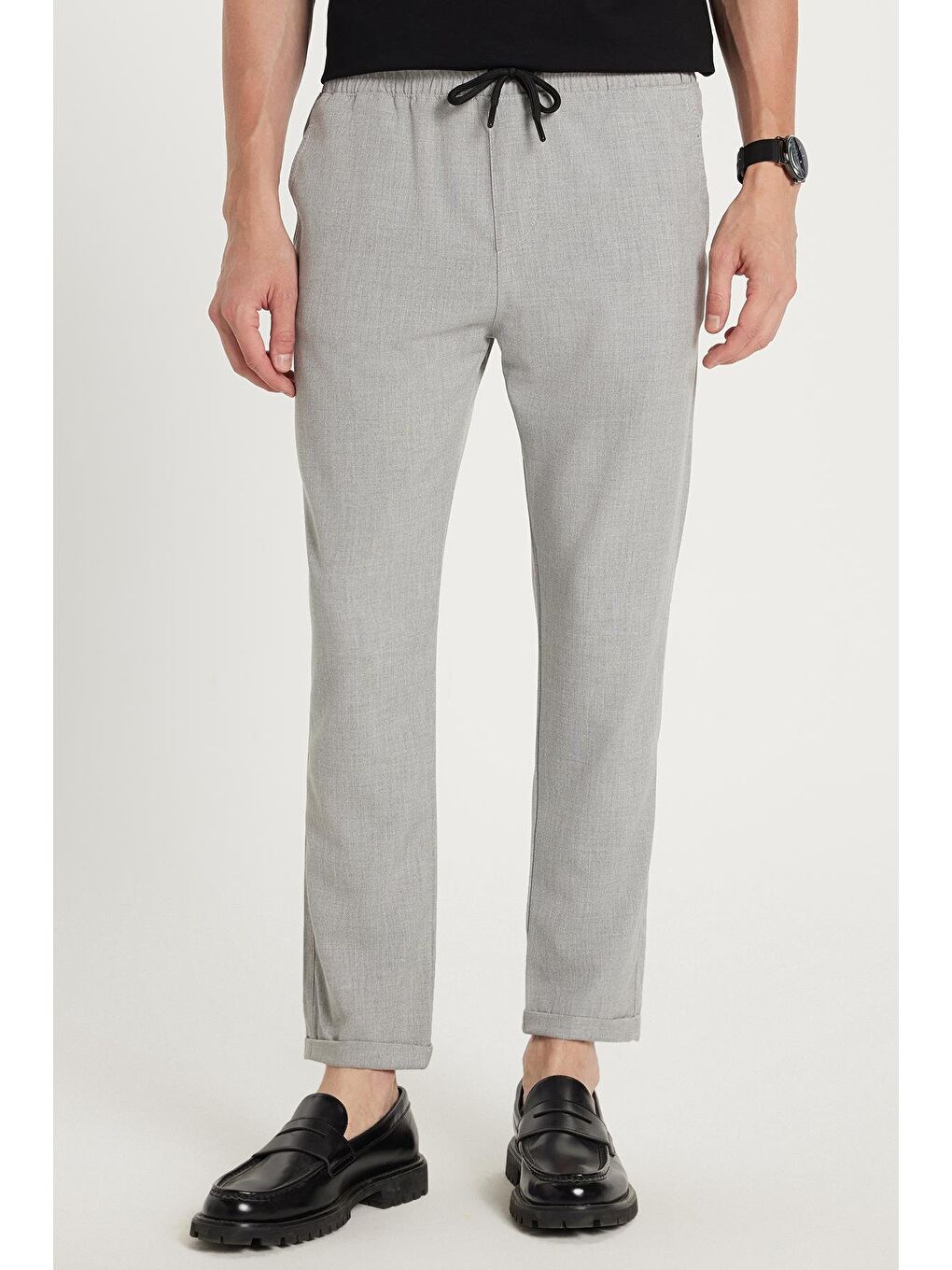Erkek Slim Fit Dar Kesim Pamuklu Lastikli Beli Bağcıklı Gri Pantolon