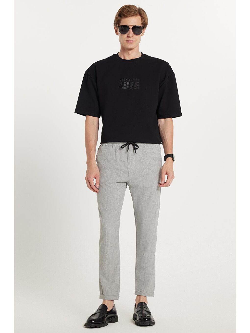 Erkek Slim Fit Dar Kesim Pamuklu Lastikli Beli Bağcıklı Gri Pantolon-3