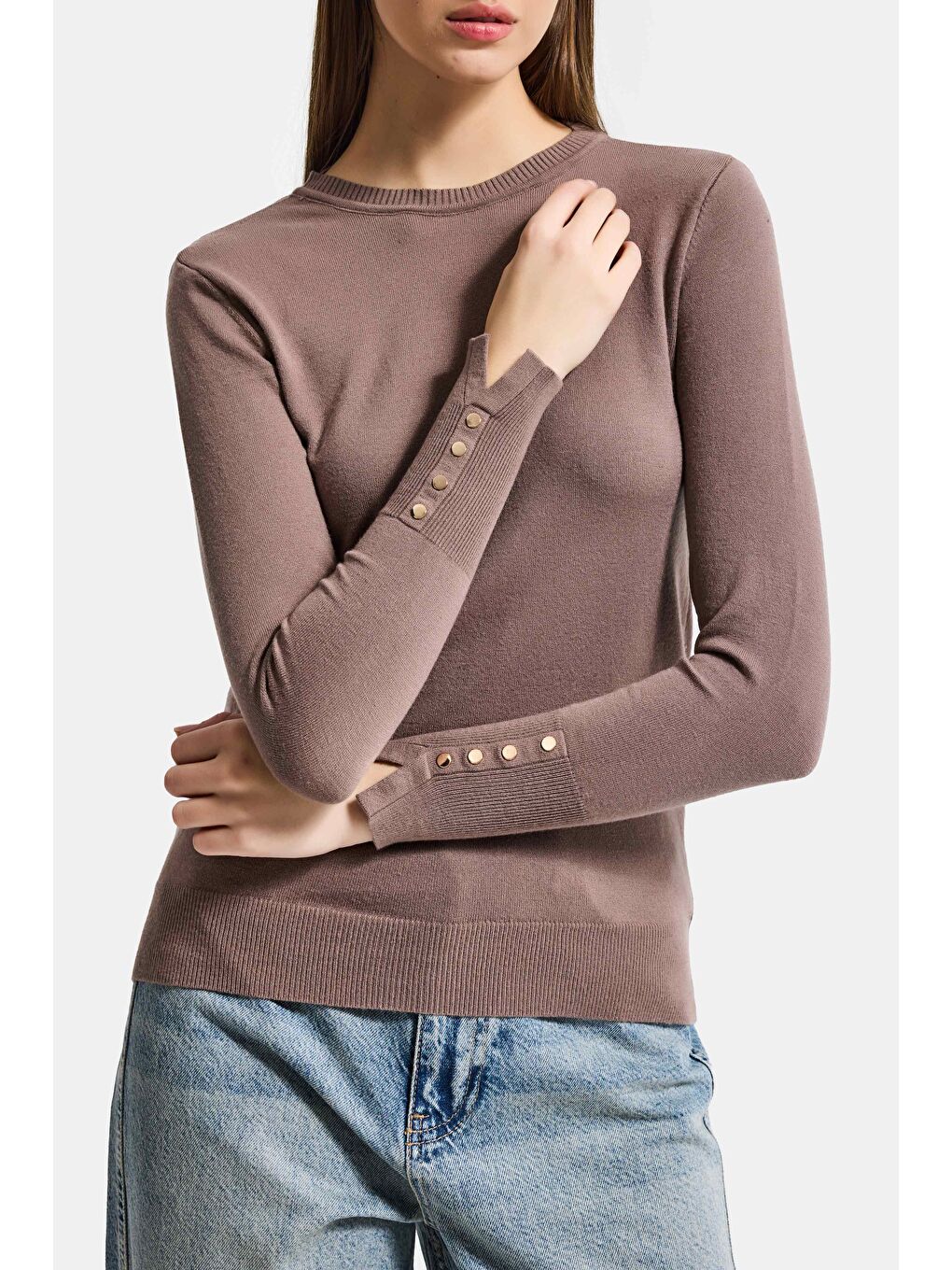 Bej Kadın Koyu Vizon w5-82 Örme Triko Kumaş Bisiklet Yaka Kol Aksesuarlı Triko