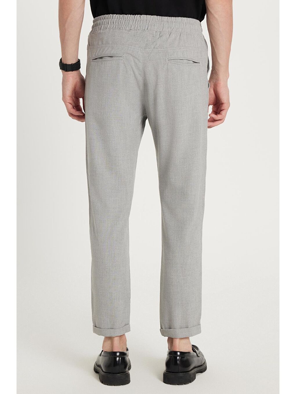 Erkek Slim Fit Dar Kesim Pamuklu Lastikli Beli Bağcıklı Gri Pantolon-4