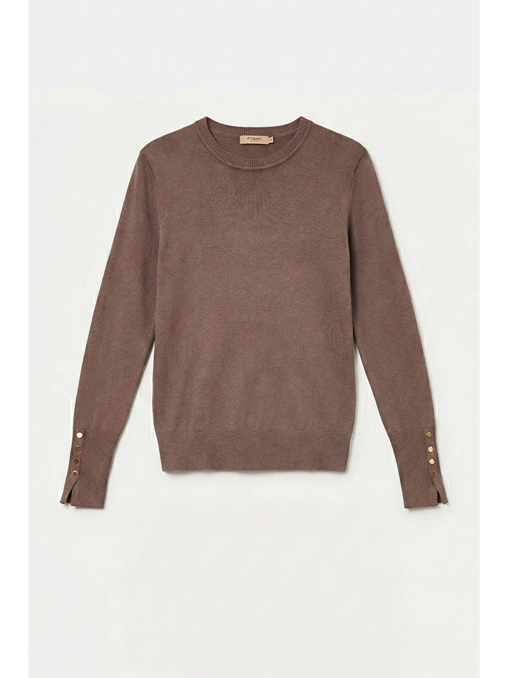 Bej Kadın Koyu Vizon w5-82 Örme Triko Kumaş Bisiklet Yaka Kol Aksesuarlı Triko-1