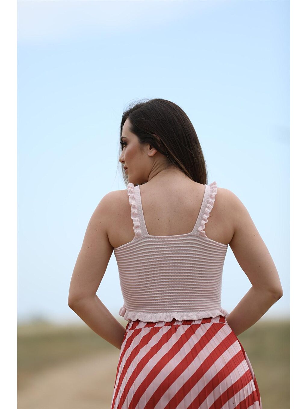 Pembe Triko Fırfırlı Crop Top Swa2096Pe-7