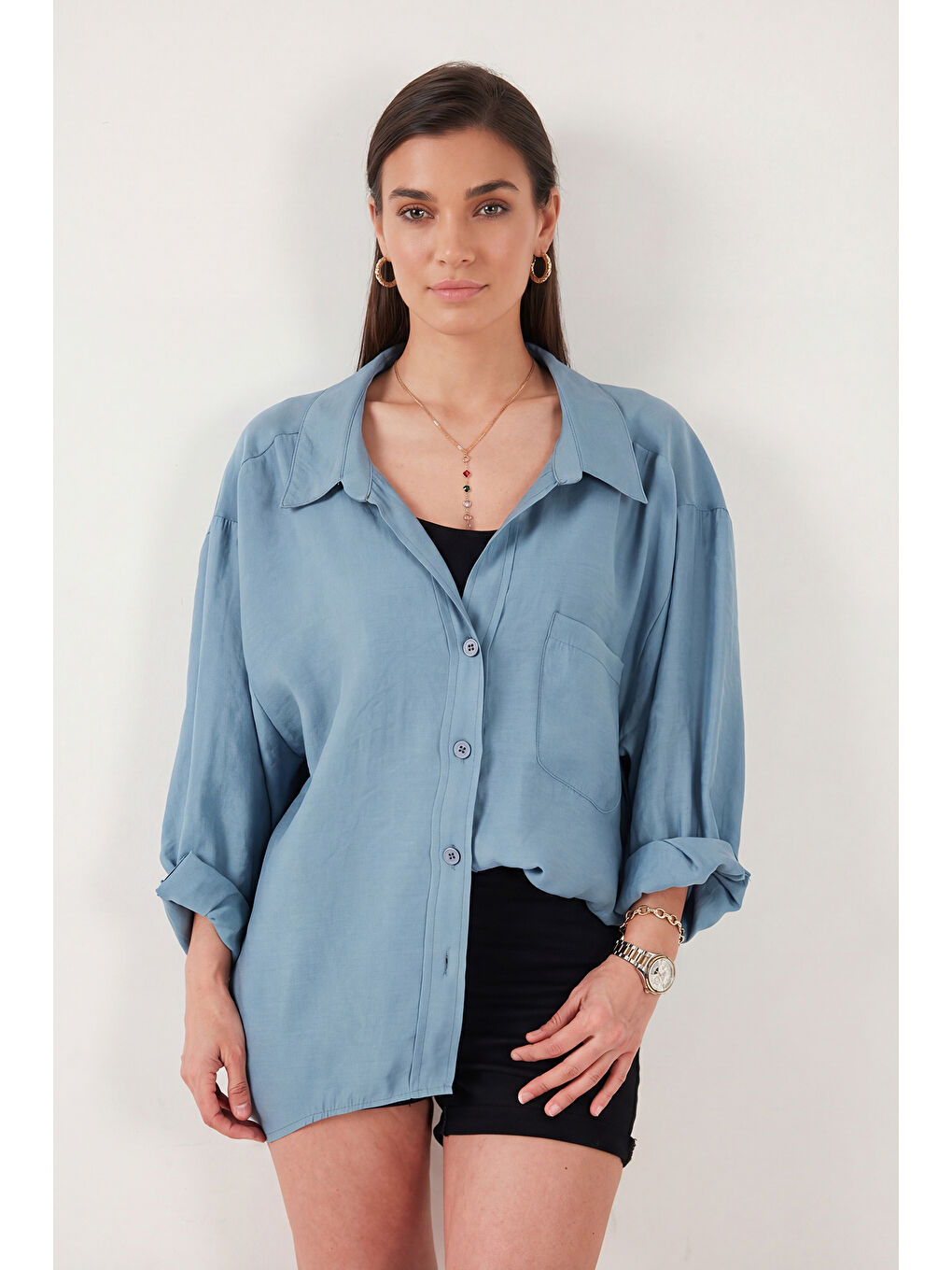 İndigo Modal Oversize Fit Uzun Kollu Kadın Gömlek 6834612-3