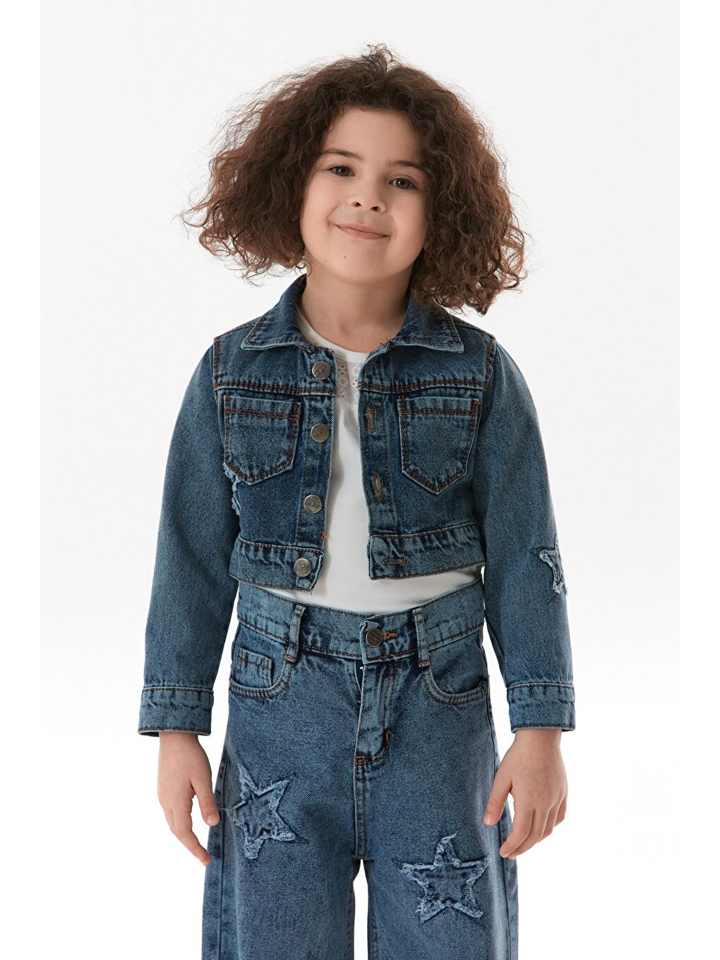 Mavi Yıldız Nakışlı Kız Çocuk Crop Jean Ceket