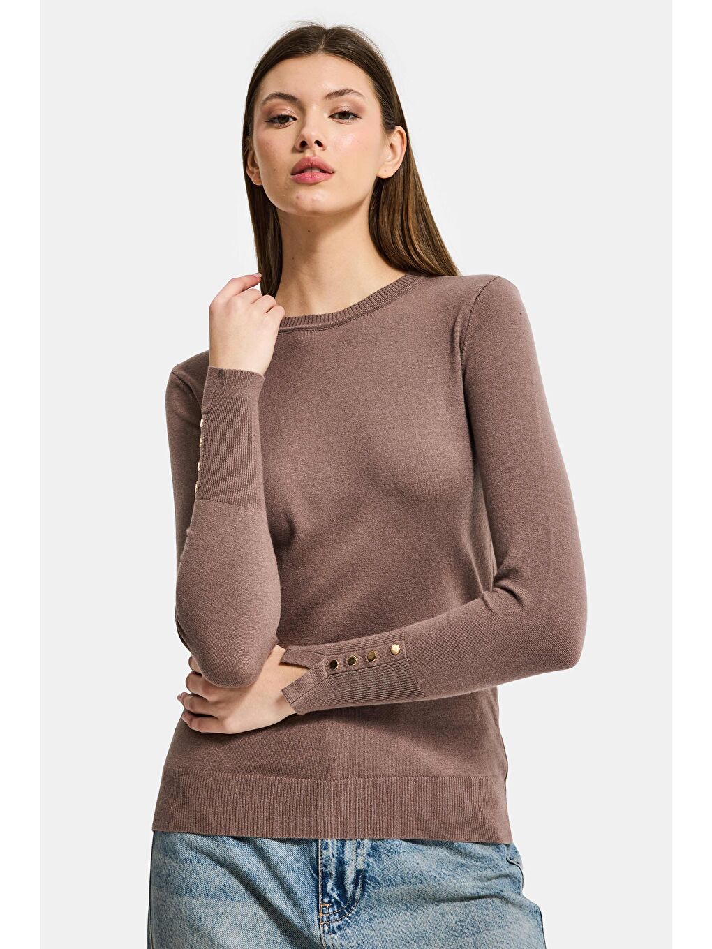 Bej Kadın Koyu Vizon w5-82 Örme Triko Kumaş Bisiklet Yaka Kol Aksesuarlı Triko-2