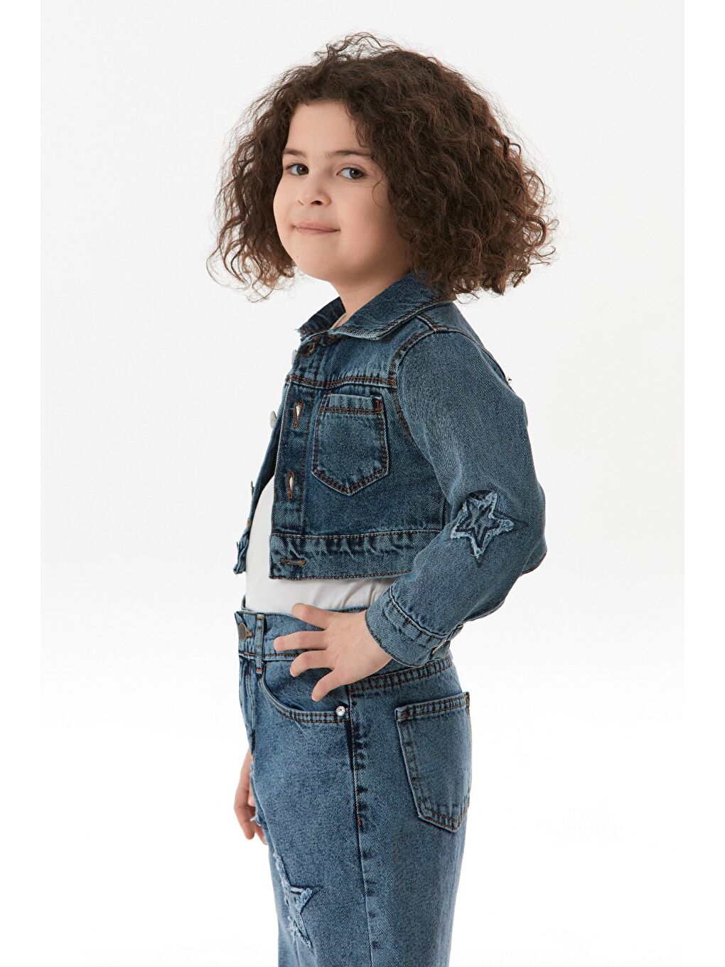 Mavi Yıldız Nakışlı Kız Çocuk Crop Jean Ceket-3
