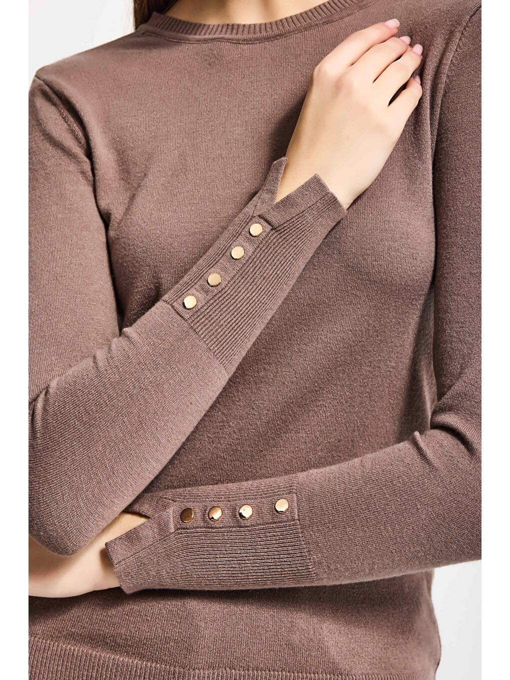 Bej Kadın Koyu Vizon w5-82 Örme Triko Kumaş Bisiklet Yaka Kol Aksesuarlı Triko-3