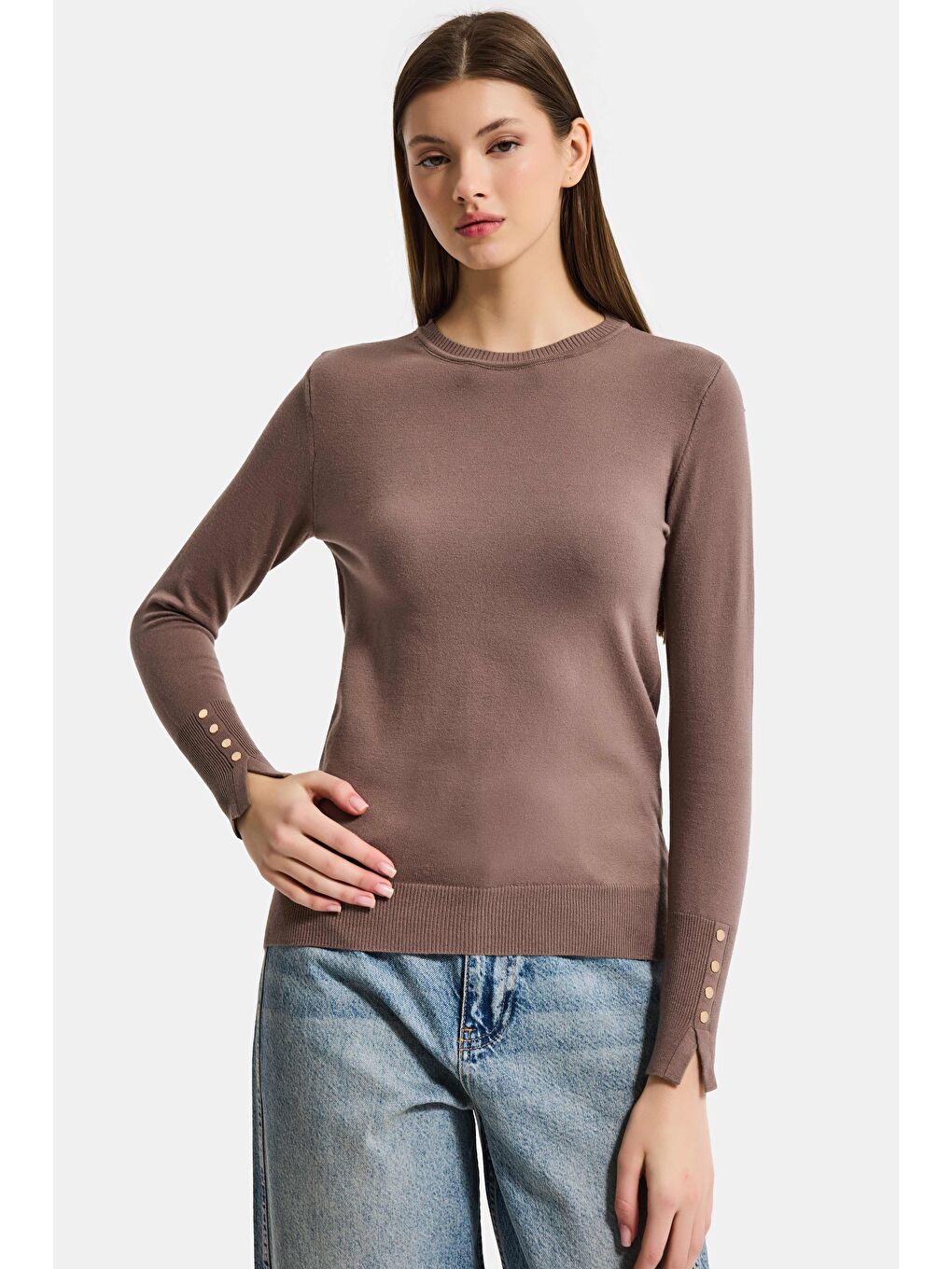 Bej Kadın Koyu Vizon w5-82 Örme Triko Kumaş Bisiklet Yaka Kol Aksesuarlı Triko-5