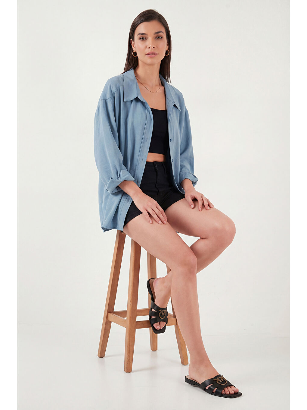 İndigo Modal Oversize Fit Uzun Kollu Kadın Gömlek 6834612-4