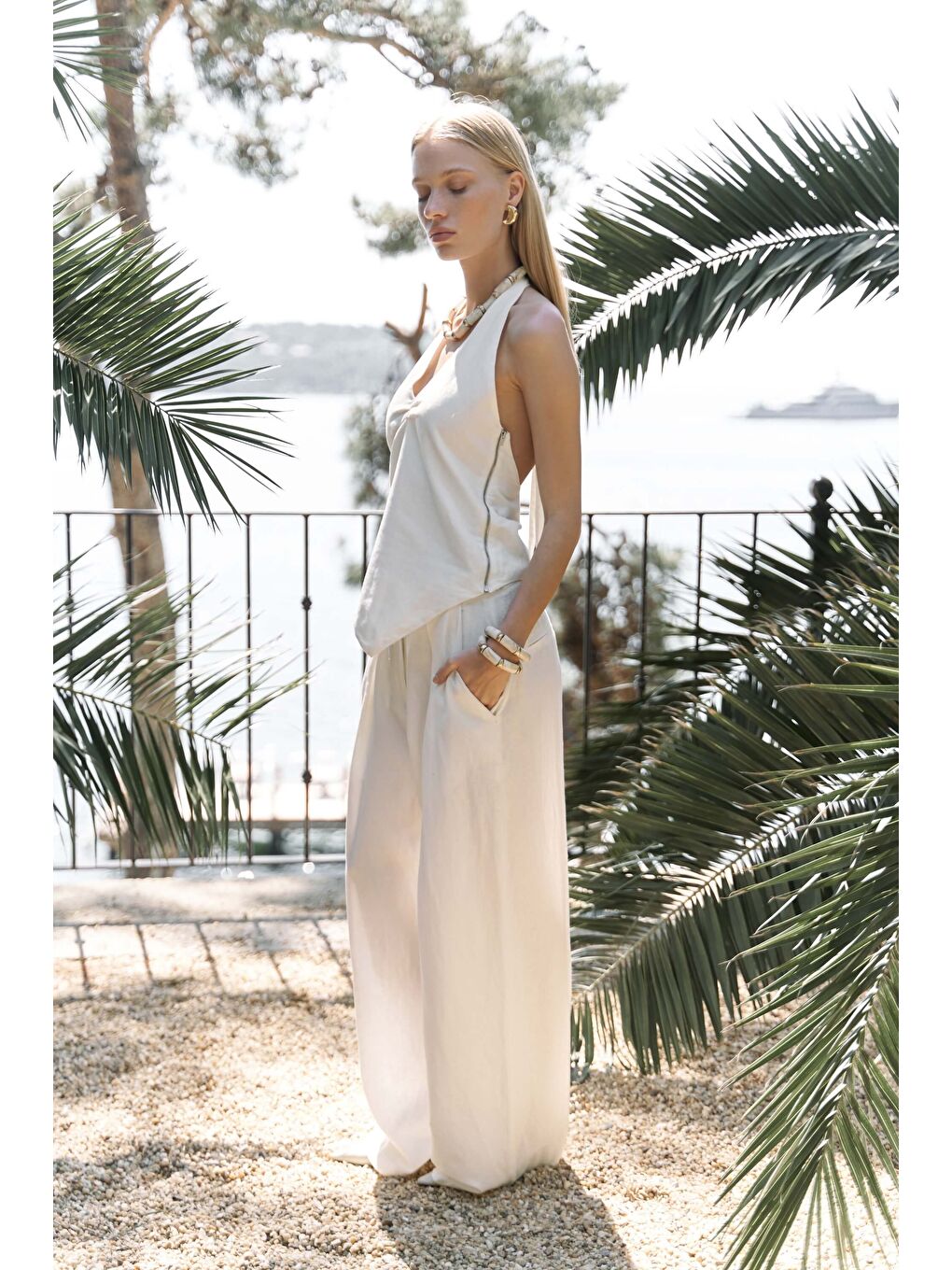 Alidah Pileli Ekru Bol Paça Pantolon-1