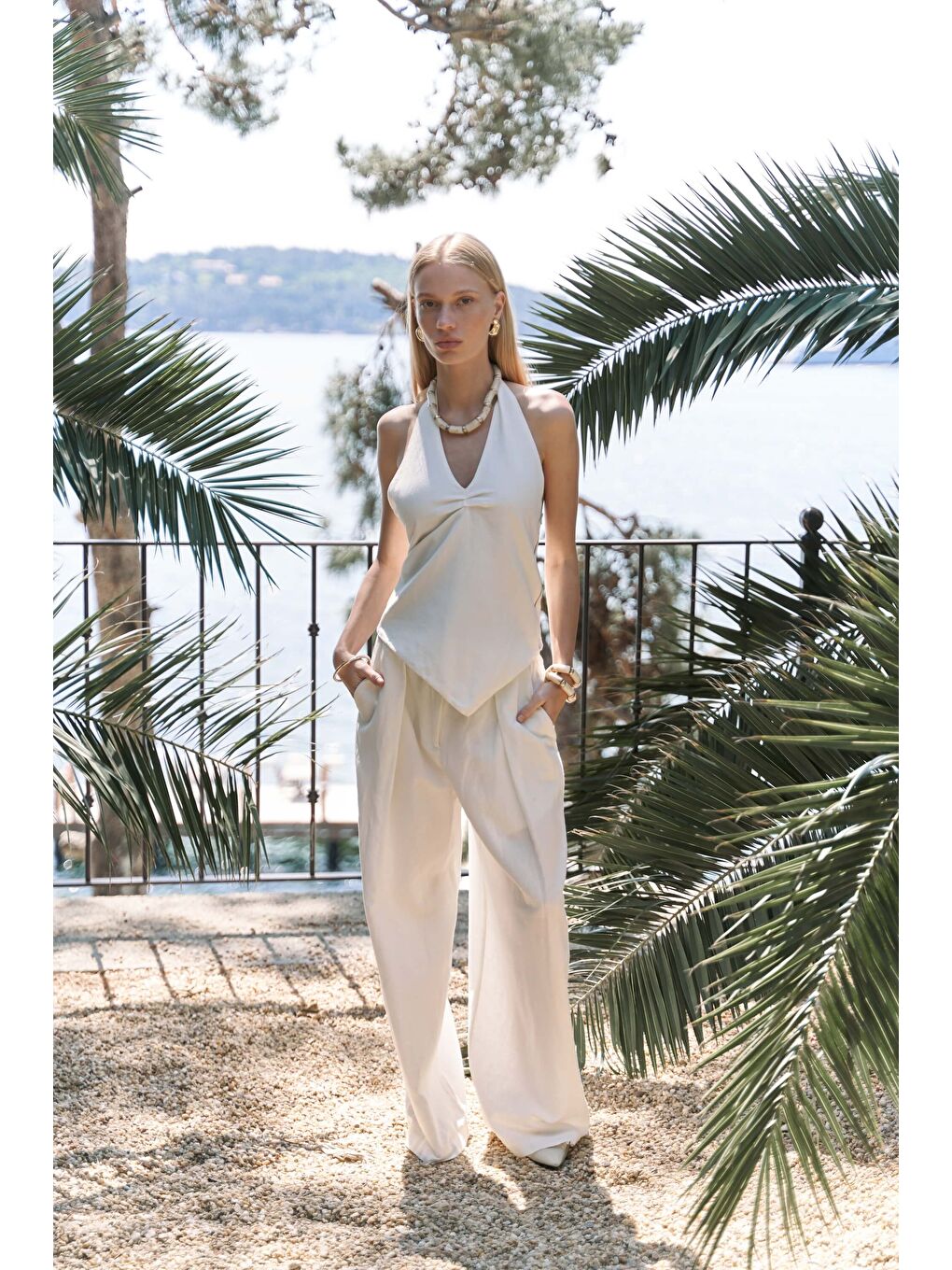 Alidah Pileli Ekru Bol Paça Pantolon-2