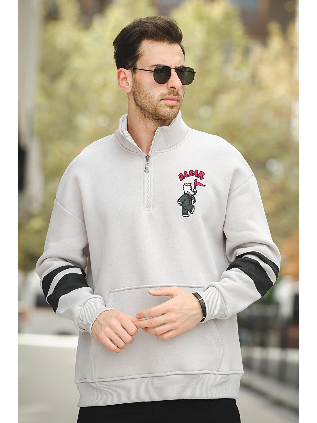 Oksit Gri Babar Üç İplik Şardonlu Nakışlı Fermuarlı Dik Yaka Oversize Erkek Sweatshirt - 2