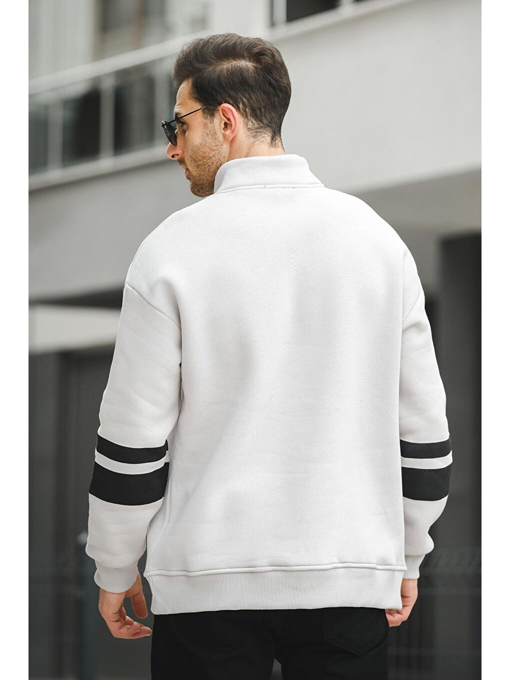 Oksit Gri Babar Üç İplik Şardonlu Nakışlı Fermuarlı Dik Yaka Oversize Erkek Sweatshirt - 3