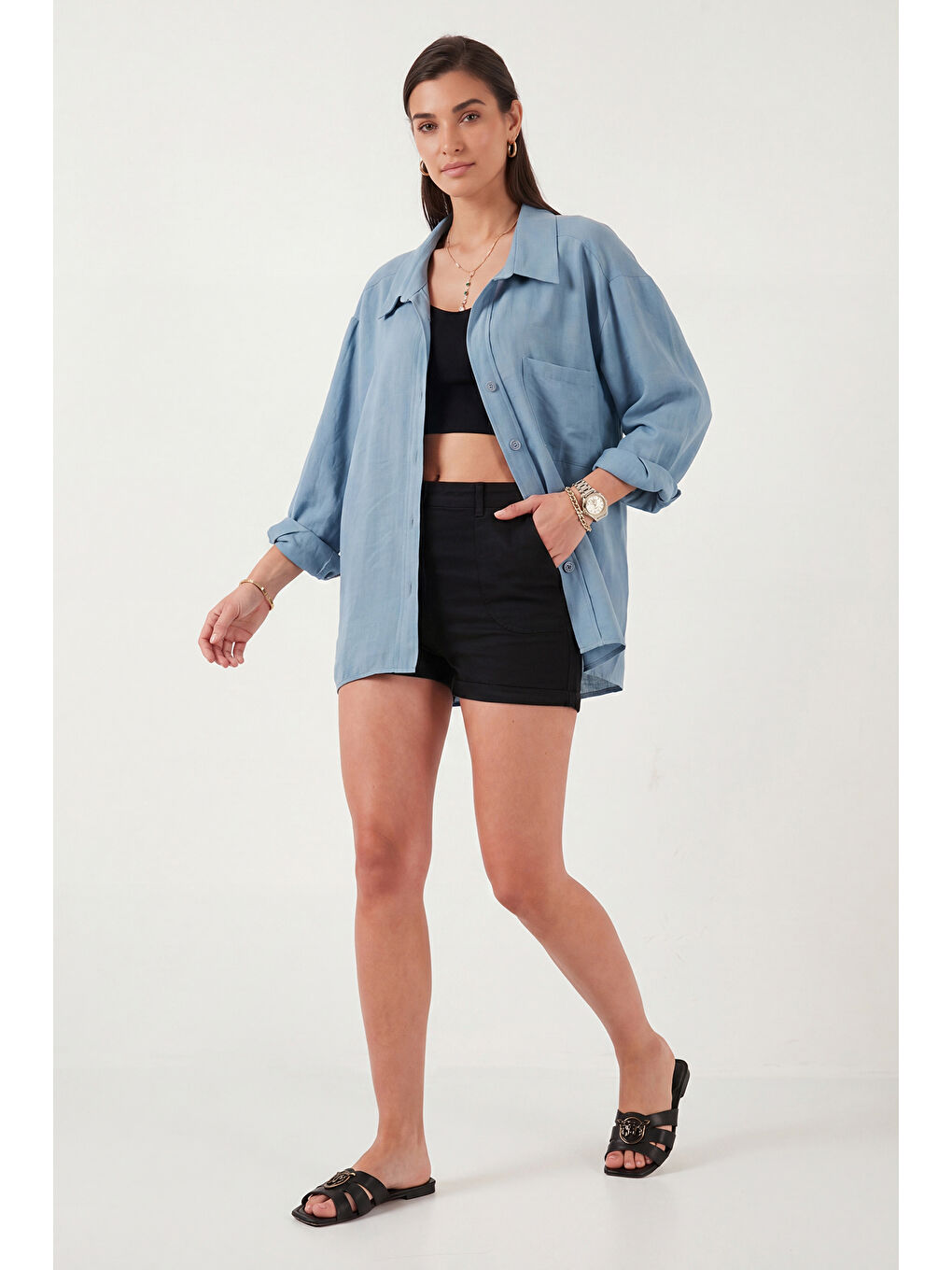 İndigo Modal Oversize Fit Uzun Kollu Kadın Gömlek 6834612-5