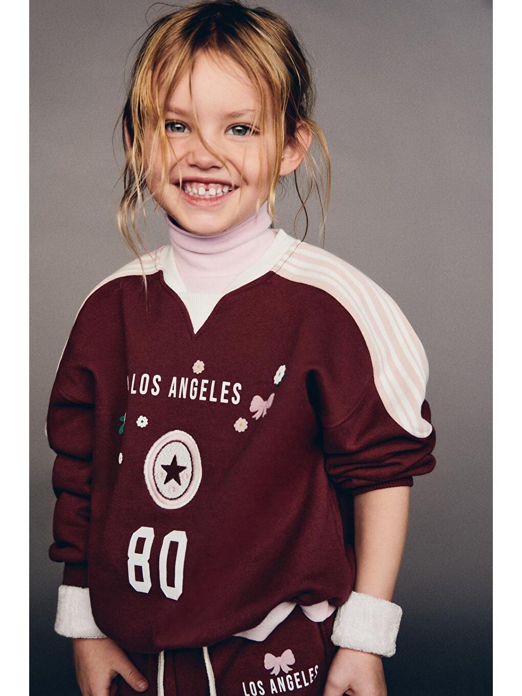 Kız Çocuk Pamuklu Bordo Los Angeles Baskılı Çiçek Desenli Oversize Eşofman Takım-3