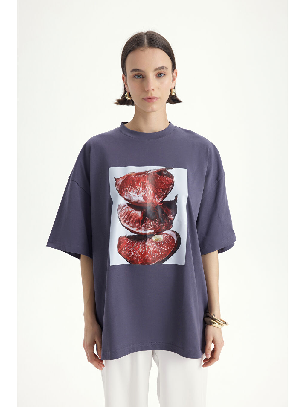 Gri Pomelo Oversize Füme T-Shirt-1