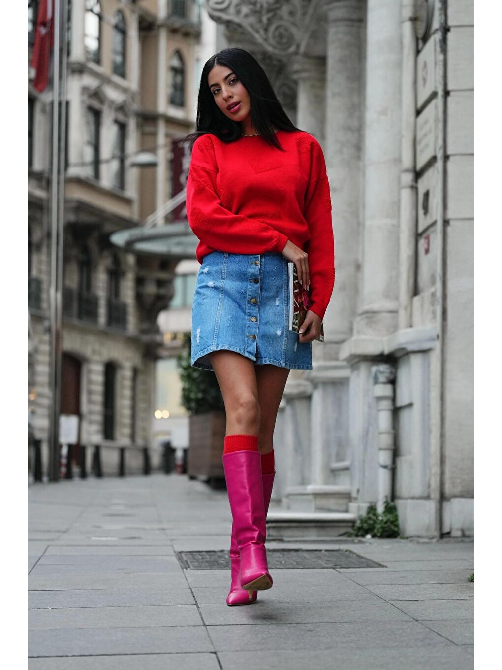 Kırmızı Bisiklet Yaka Kalp Desenli Triko Kazak-1