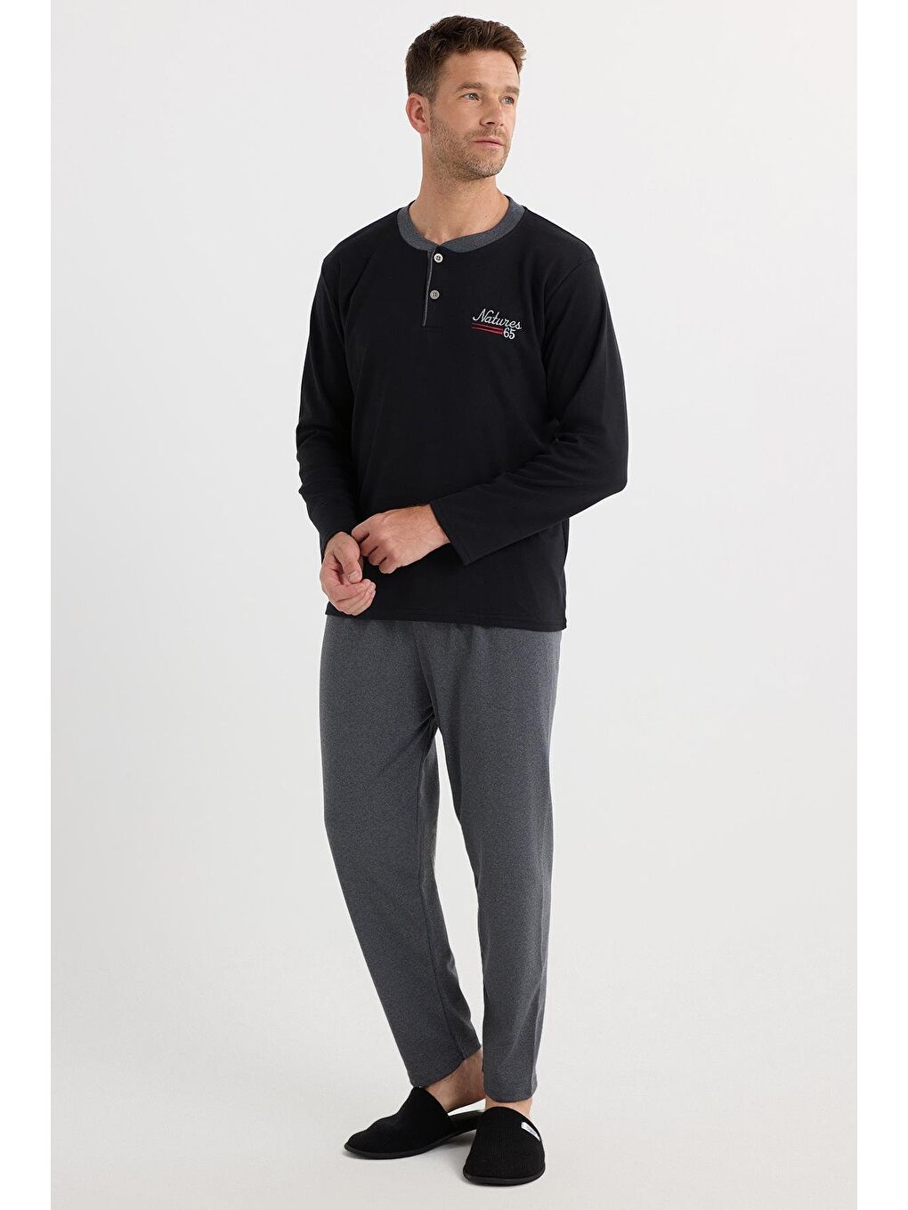 Erkek Regular Fit Pamuklu Düğmeli Yaka Beli Lastikli Desenli Gri Pijama Takımı