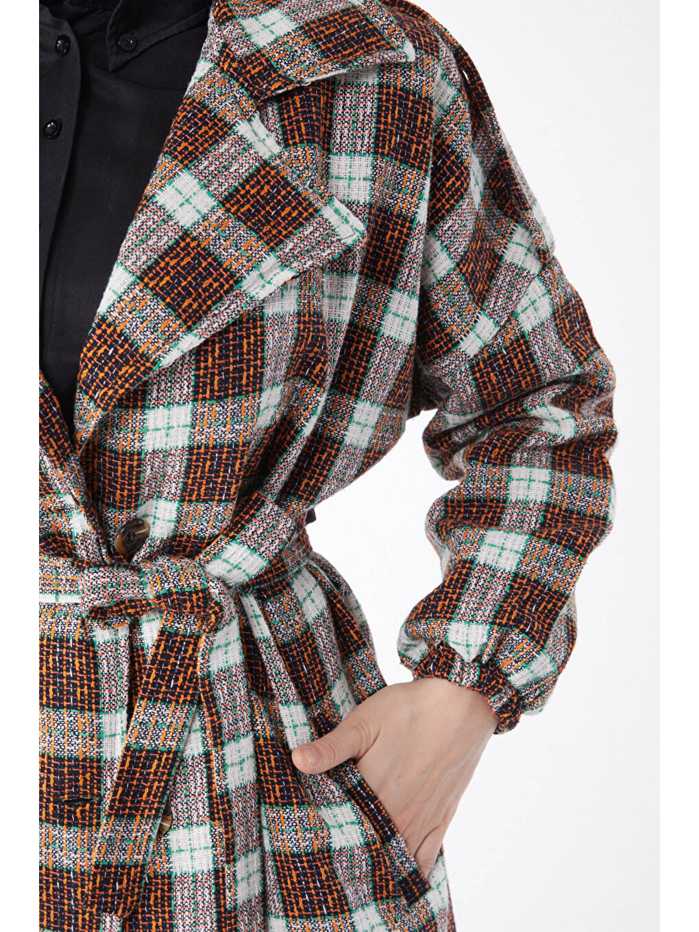 Turuncu Kruvaze Yaka Kuşaklı Kaşe Kaban Oranj - 27738-ORANJ-1