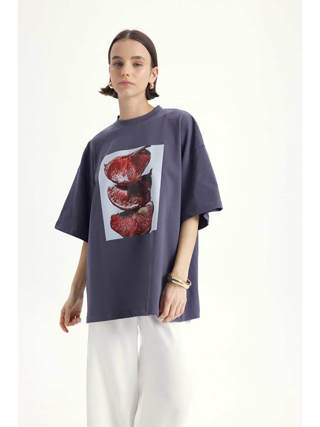 Gri Pomelo Oversize Füme T-Shirt-3