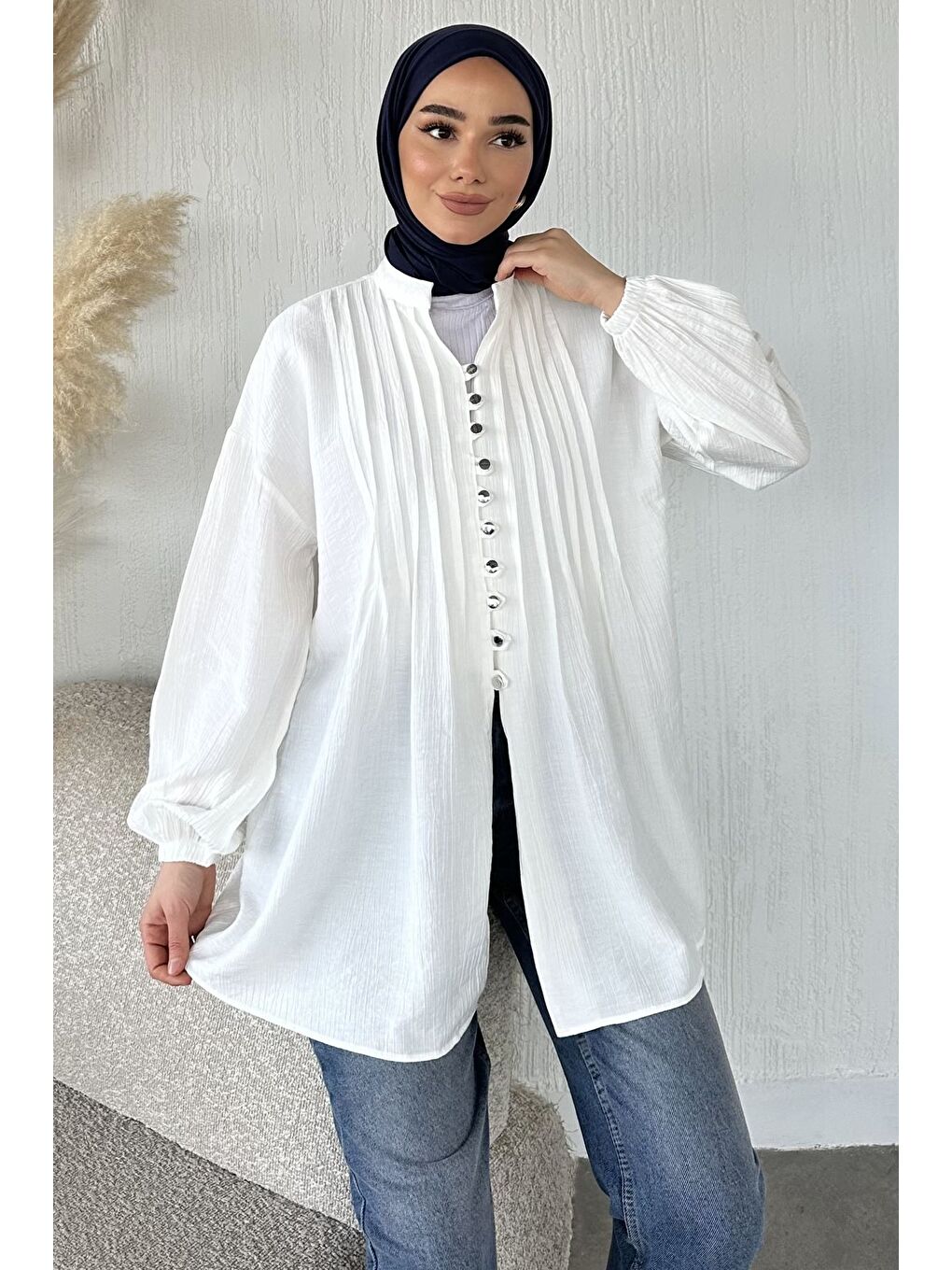 Ekru Düğmeli Tesettür Tunik-1