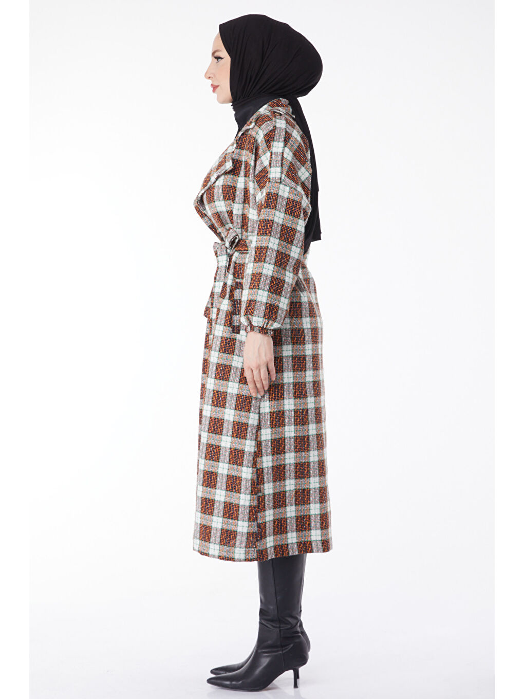 Turuncu Kruvaze Yaka Kuşaklı Kaşe Kaban Oranj - 27738-ORANJ-3