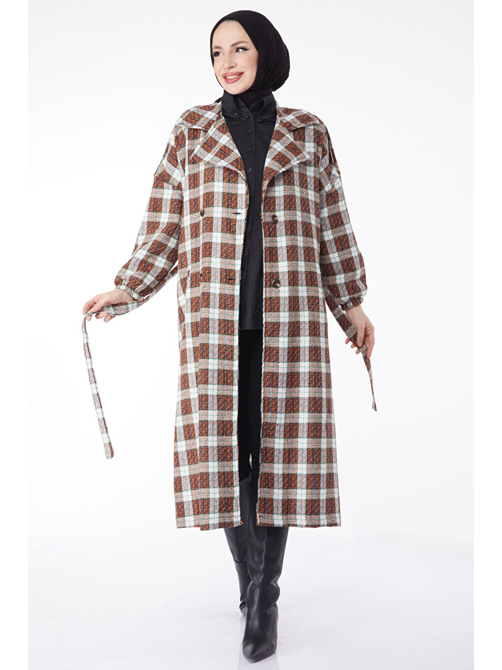 Turuncu Kruvaze Yaka Kuşaklı Kaşe Kaban Oranj - 27738-ORANJ-4