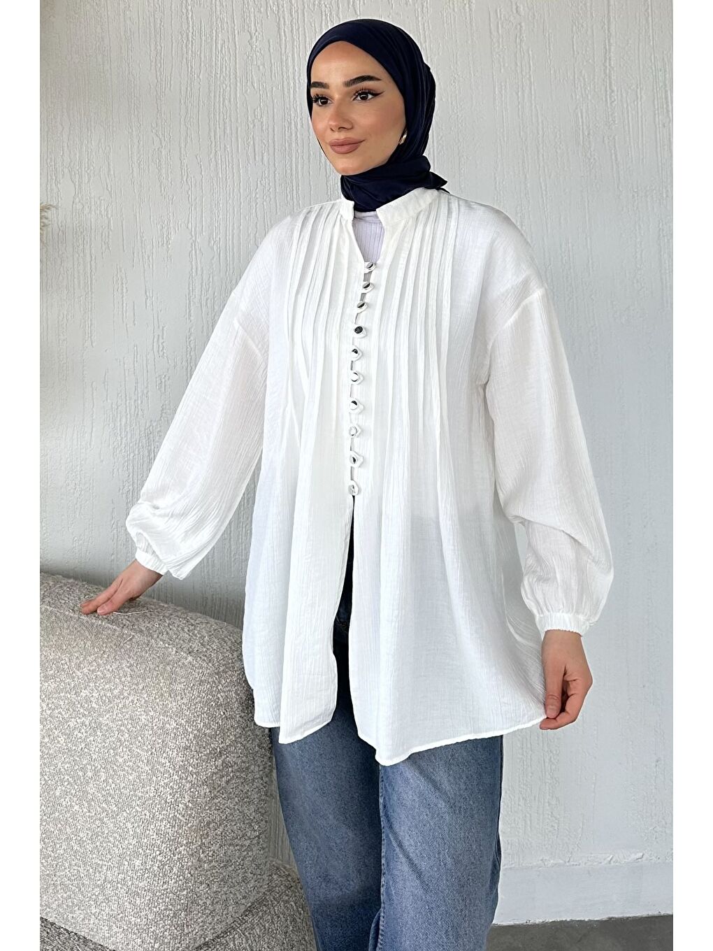 Ekru Düğmeli Tesettür Tunik-2