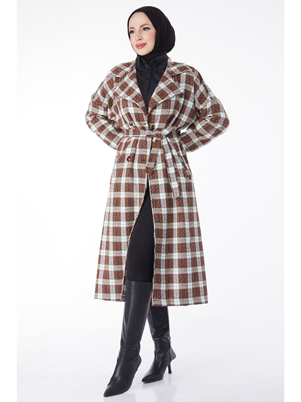 Turuncu Kruvaze Yaka Kuşaklı Kaşe Kaban Oranj - 27738-ORANJ-5