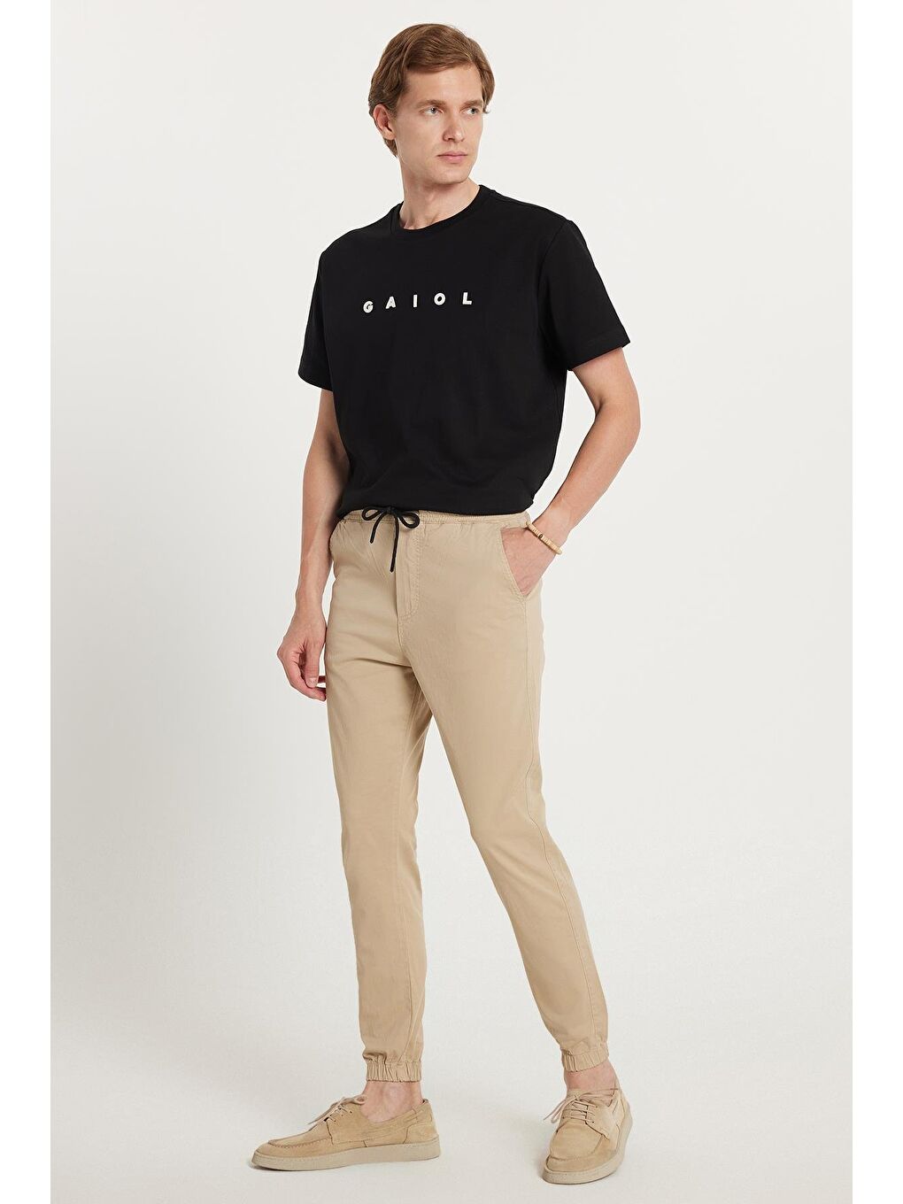 Erkek Slim Fit Dar Kesim Pamuklu Normal Bel Lastikli Paça Bej Renk Pantolon-1