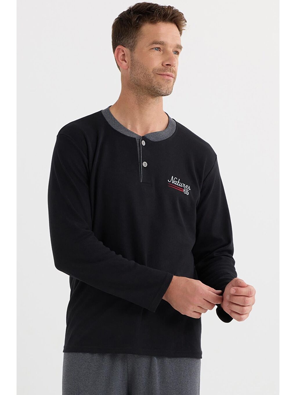 Erkek Regular Fit Pamuklu Düğmeli Yaka Beli Lastikli Desenli Gri Pijama Takımı-1