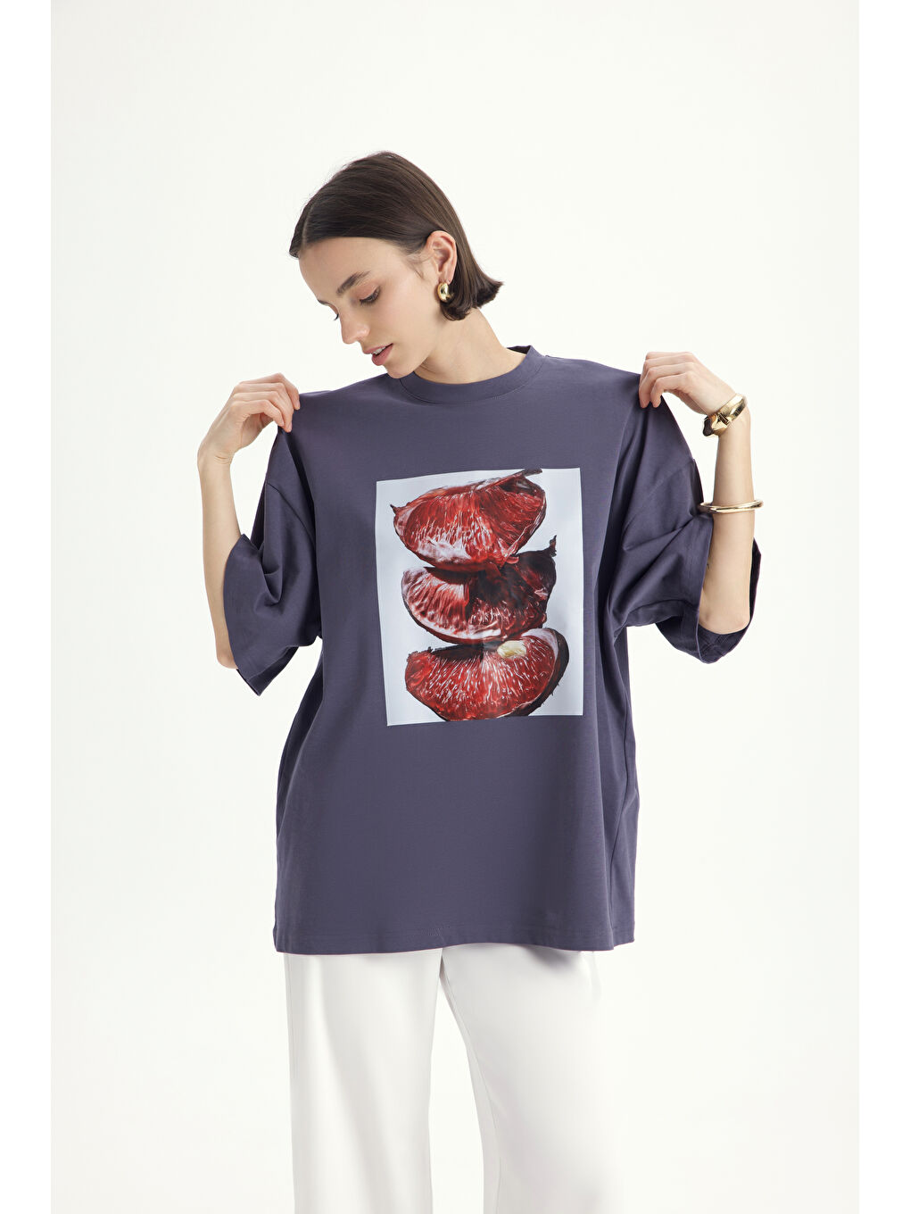 Gri Pomelo Oversize Füme T-Shirt-5