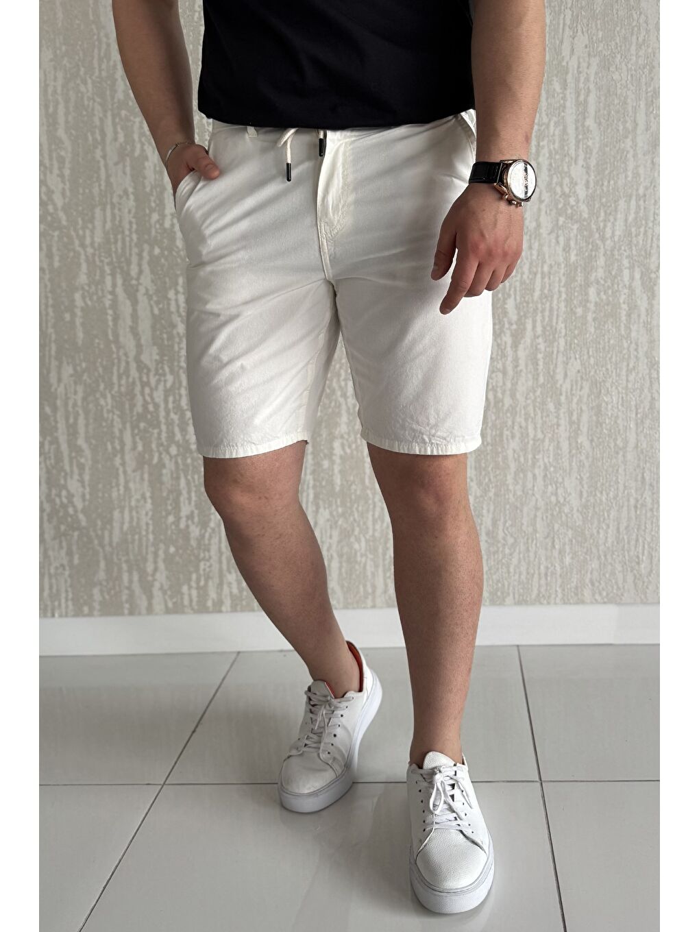 Ekru Bel Bağcıklı Fermuarlı Erkek Şort