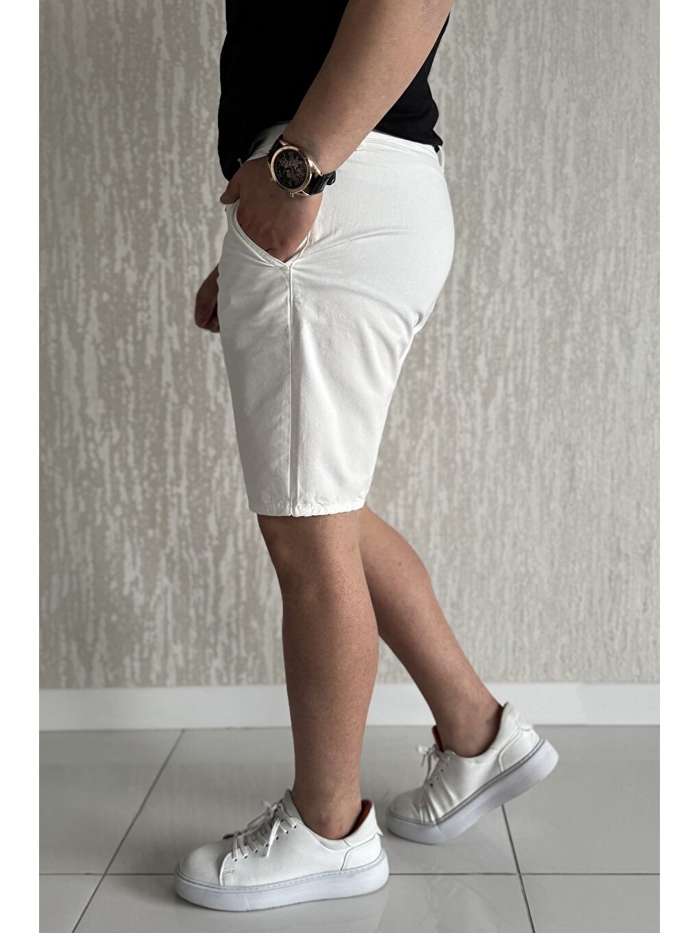 Ekru Bel Bağcıklı Fermuarlı Erkek Şort-1