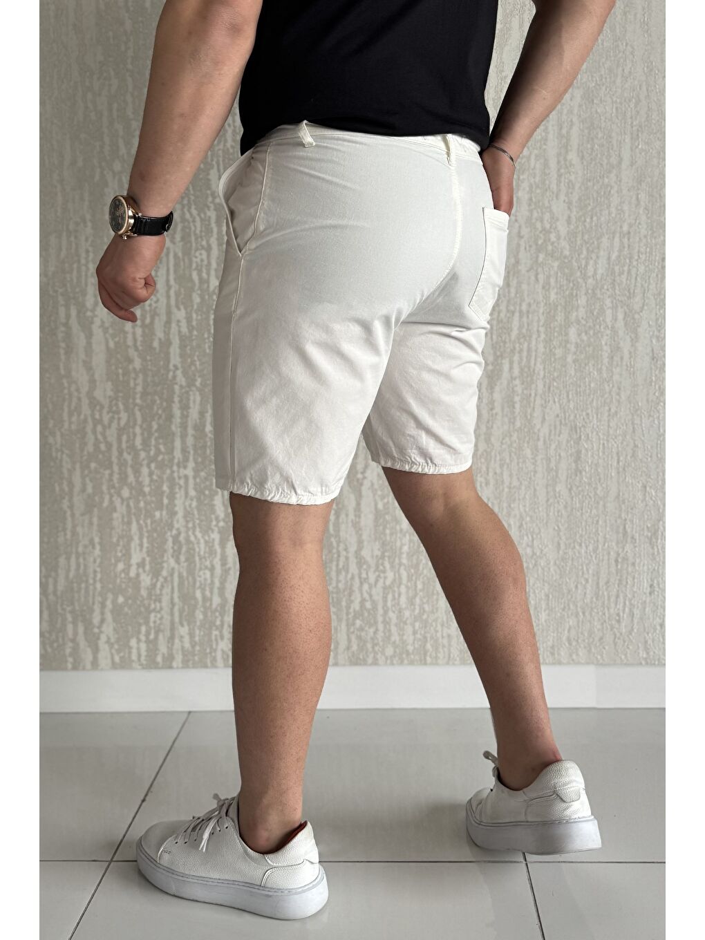 Ekru Bel Bağcıklı Fermuarlı Erkek Şort-2