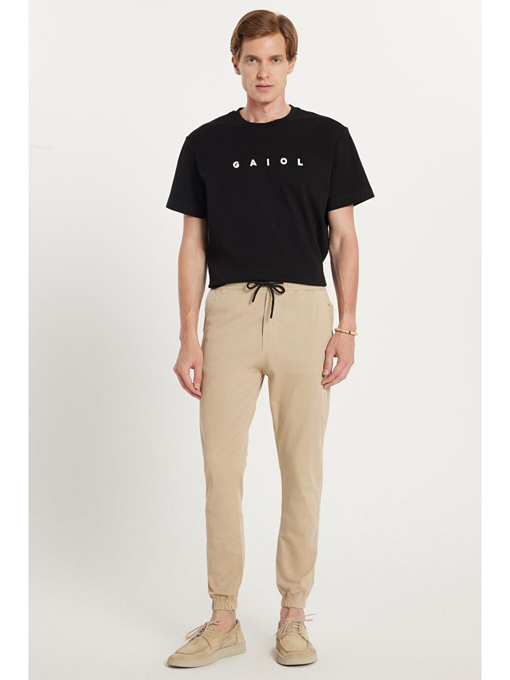 Erkek Slim Fit Dar Kesim Pamuklu Normal Bel Lastikli Paça Bej Renk Pantolon-3