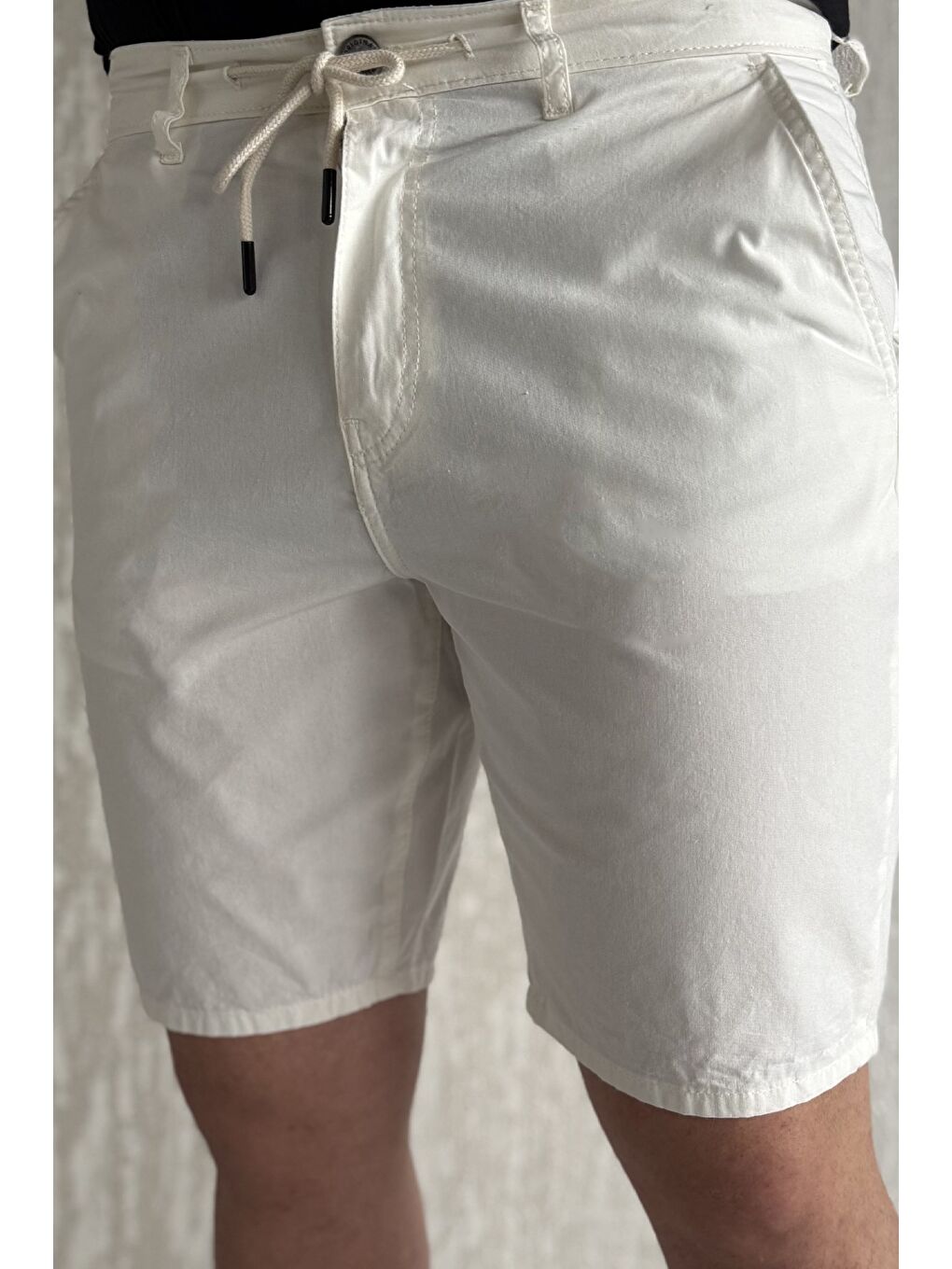 Ekru Bel Bağcıklı Fermuarlı Erkek Şort-3