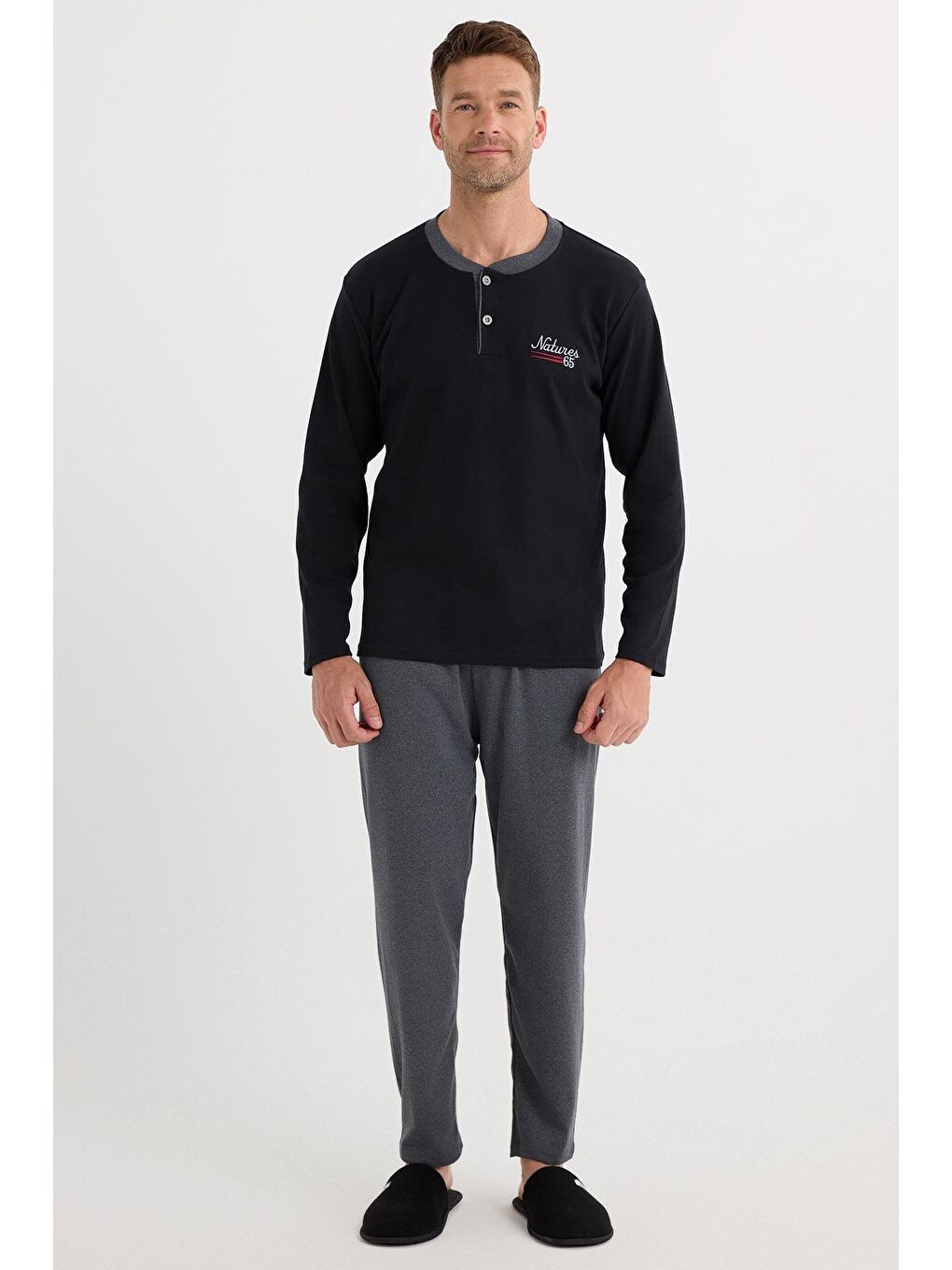 Erkek Regular Fit Pamuklu Düğmeli Yaka Beli Lastikli Desenli Gri Pijama Takımı-3