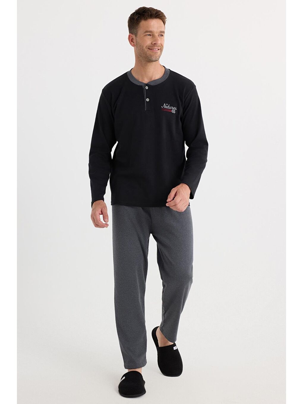 Erkek Regular Fit Pamuklu Düğmeli Yaka Beli Lastikli Desenli Gri Pijama Takımı-4