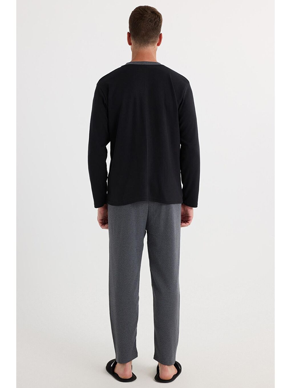 Erkek Regular Fit Pamuklu Düğmeli Yaka Beli Lastikli Desenli Gri Pijama Takımı-6